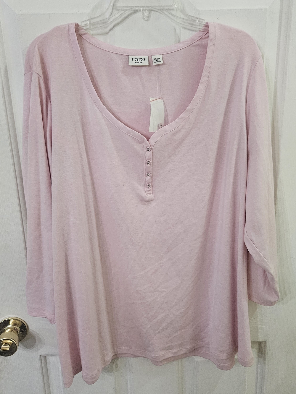 Cato Woman Womens Pink Solid Henley Knit 3/4 Sleeve Pullover Top 26W NWT